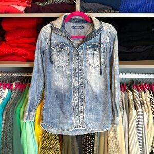 Navi blue denim long sleeve button down shirt with gray hood size XS